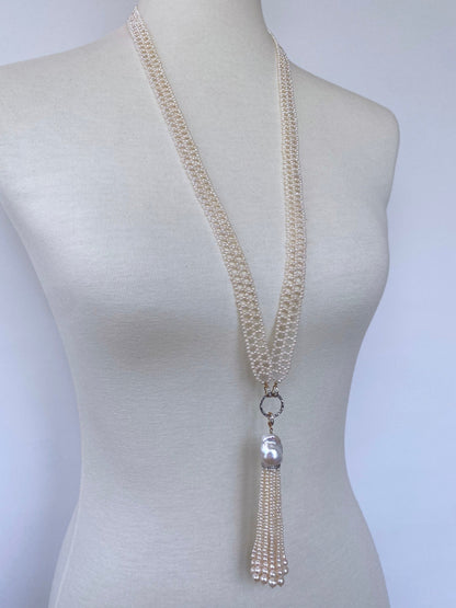 Lace Woven Pearl Sautoir with Diamond Encrusted solid 14k Yellow Gold