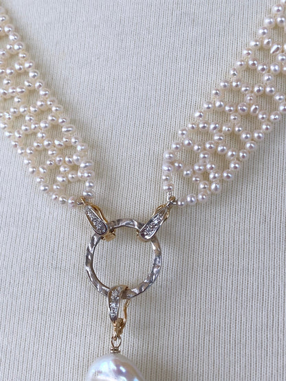 Lace Woven Pearl Sautoir with Diamond Encrusted solid 14k Yellow Gold