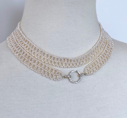 Lace Woven Pearl Sautoir with Diamond Encrusted solid 14k Yellow Gold