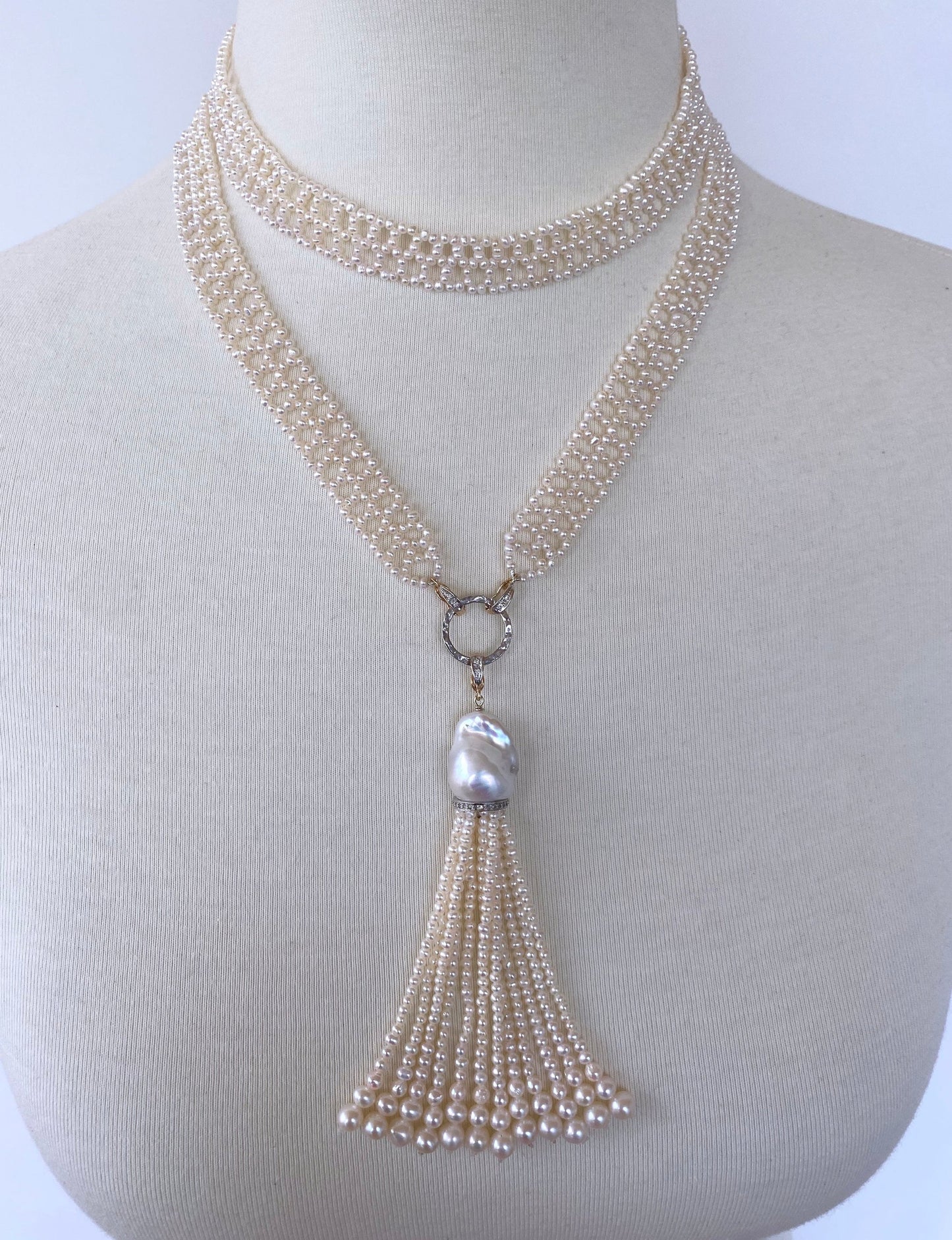 Lace Woven Pearl Sautoir with Diamond Encrusted solid 14k Yellow Gold