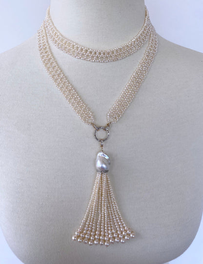 Lace Woven Pearl Sautoir with Diamond Encrusted solid 14k Yellow Gold