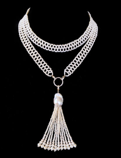 Lace Woven Pearl Sautoir with Diamond Encrusted solid 14k Yellow Gold