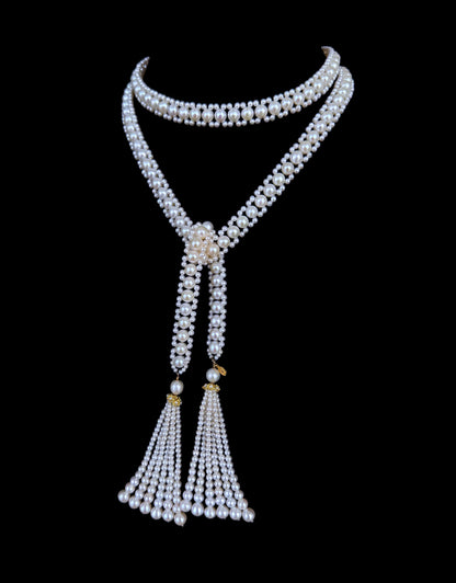 Solid 14k Yellow Gold Pearl Sautoir with Graduated Tassels