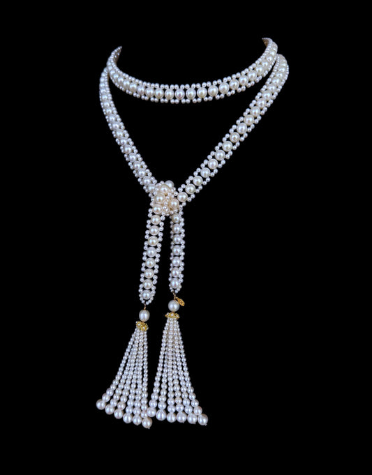 Solid 14k Yellow Gold Pearl Sautoir with Graduated Tassels