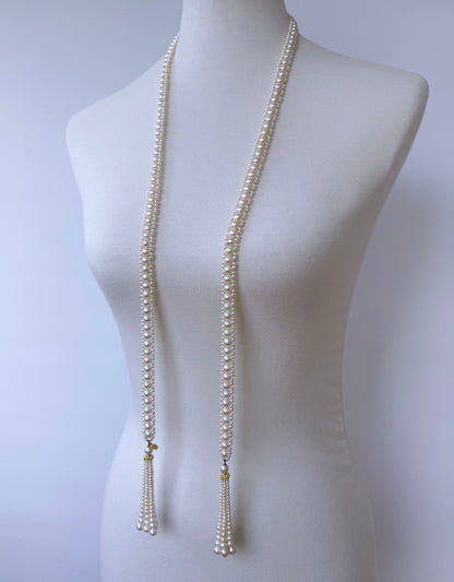 Solid 14k Yellow Gold Pearl Sautoir with Graduated Tassels