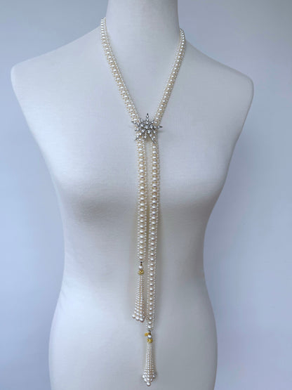 Solid 14k Yellow Gold Pearl Sautoir with Graduated Tassels