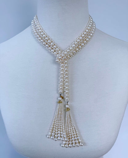 Solid 14k Yellow Gold Pearl Sautoir with Graduated Tassels