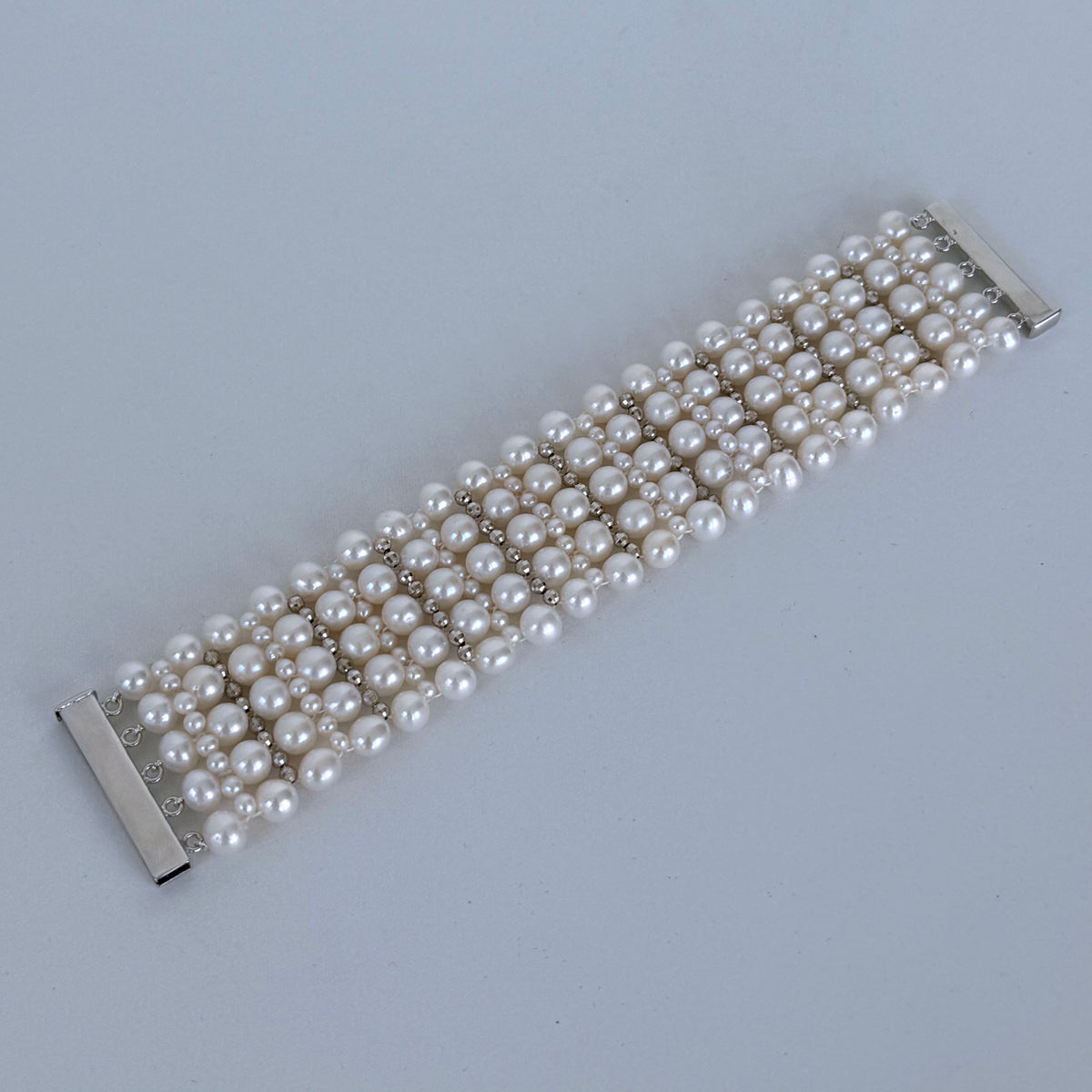 Pearl Woven Bridal Bracelet With Rhodium Silver