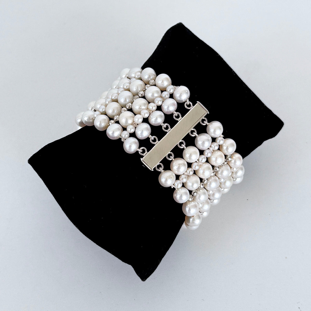 Pearl Woven Bridal Bracelet With Rhodium Silver