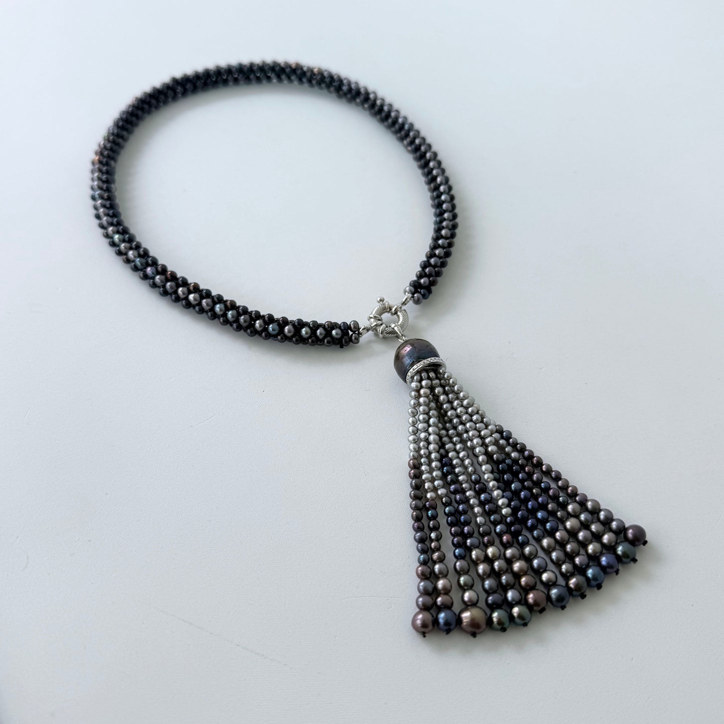 Black Pearl Rope Necklace with Removable Graduated Tassel