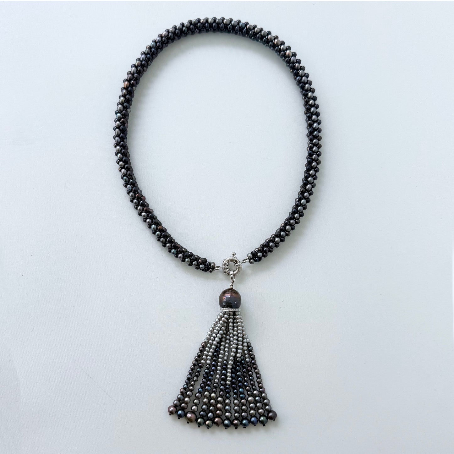 Black Pearl Rope Necklace with Removable Graduated Tassel