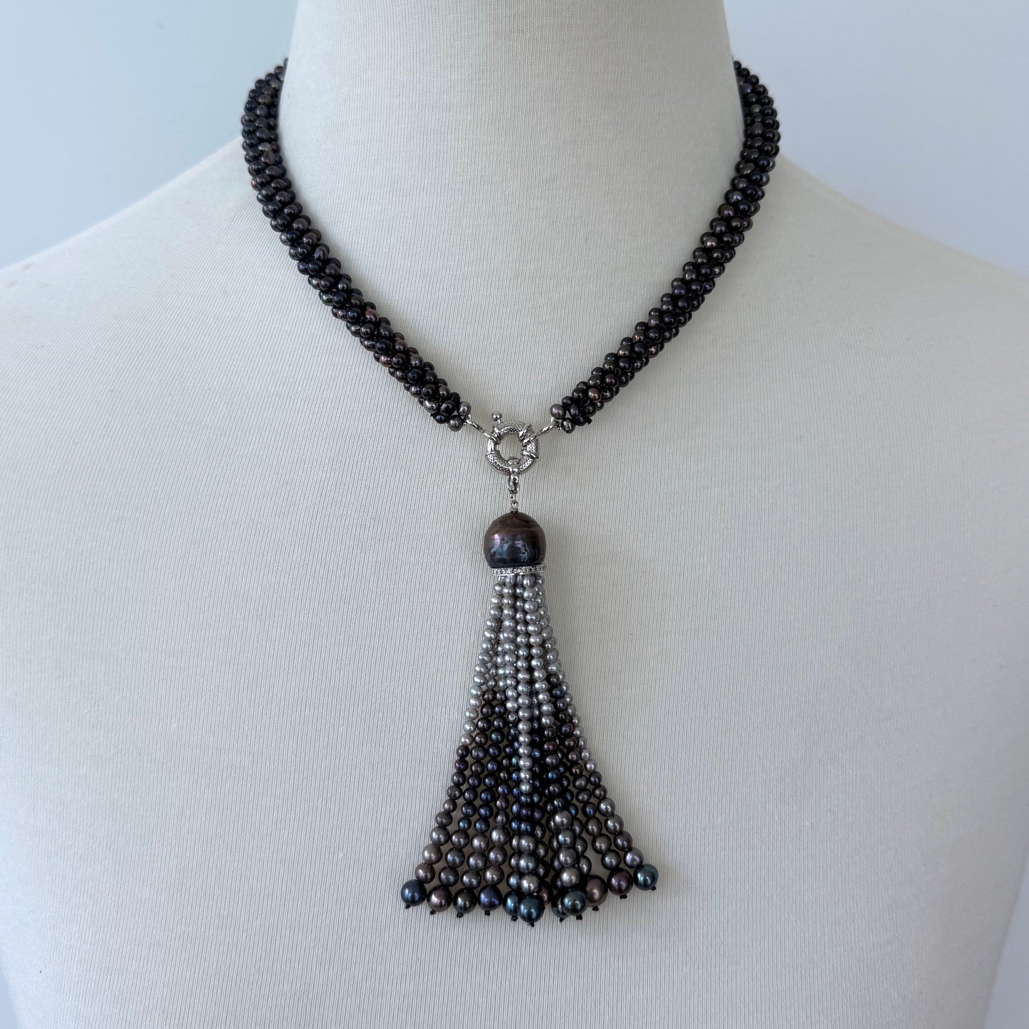 Black Pearl Rope Necklace with Removable Graduated Tassel