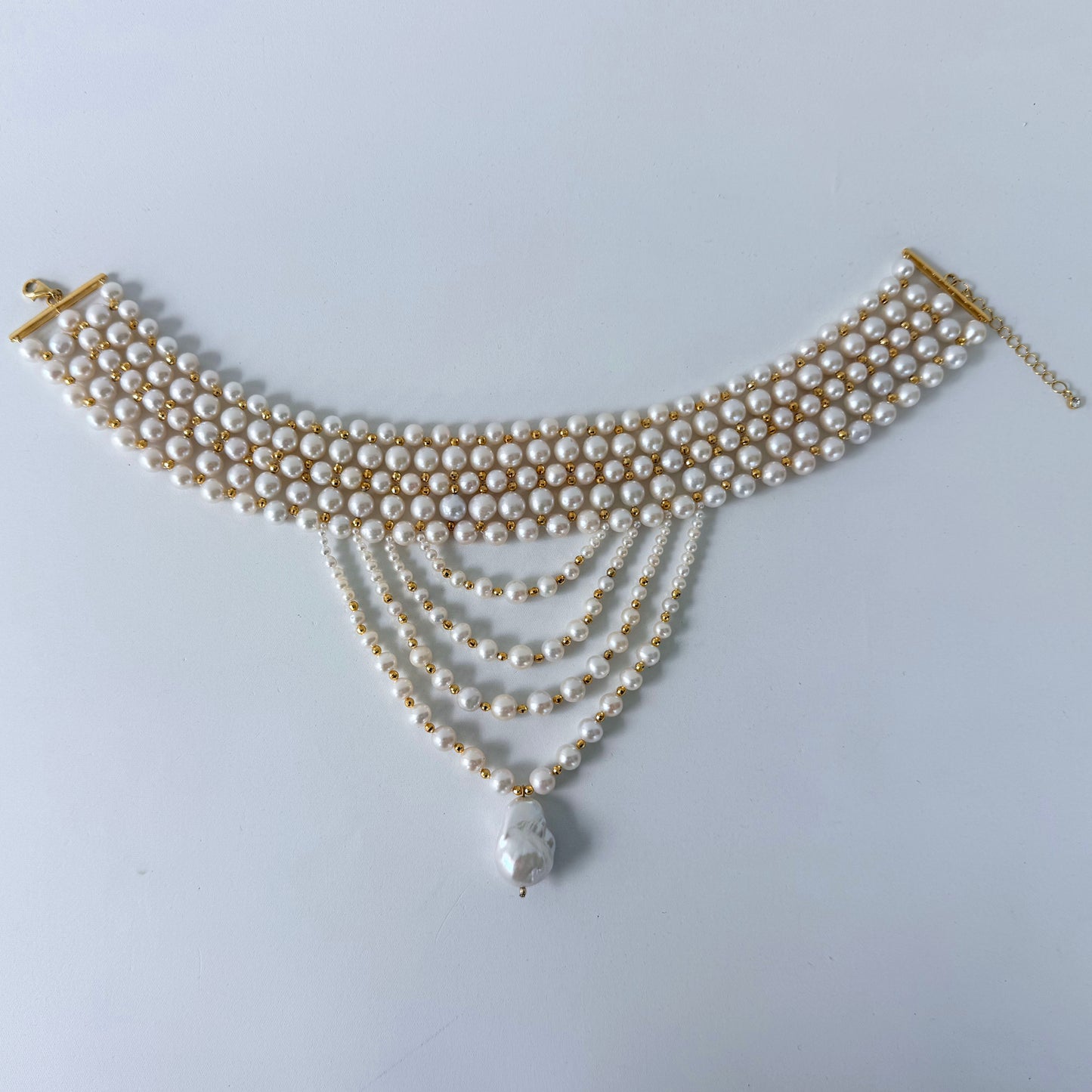 4 Tier Draped Pearl Choker with 18k Plated Yellow Gold