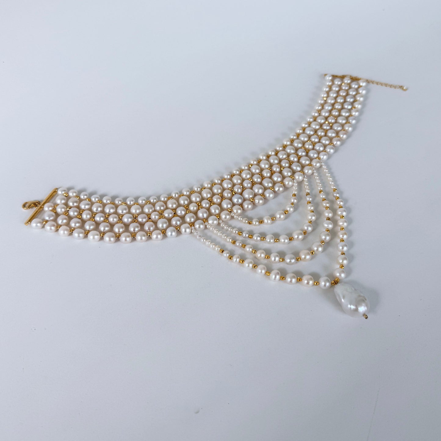 4 Tier Draped Pearl Choker with 18k Plated Yellow Gold