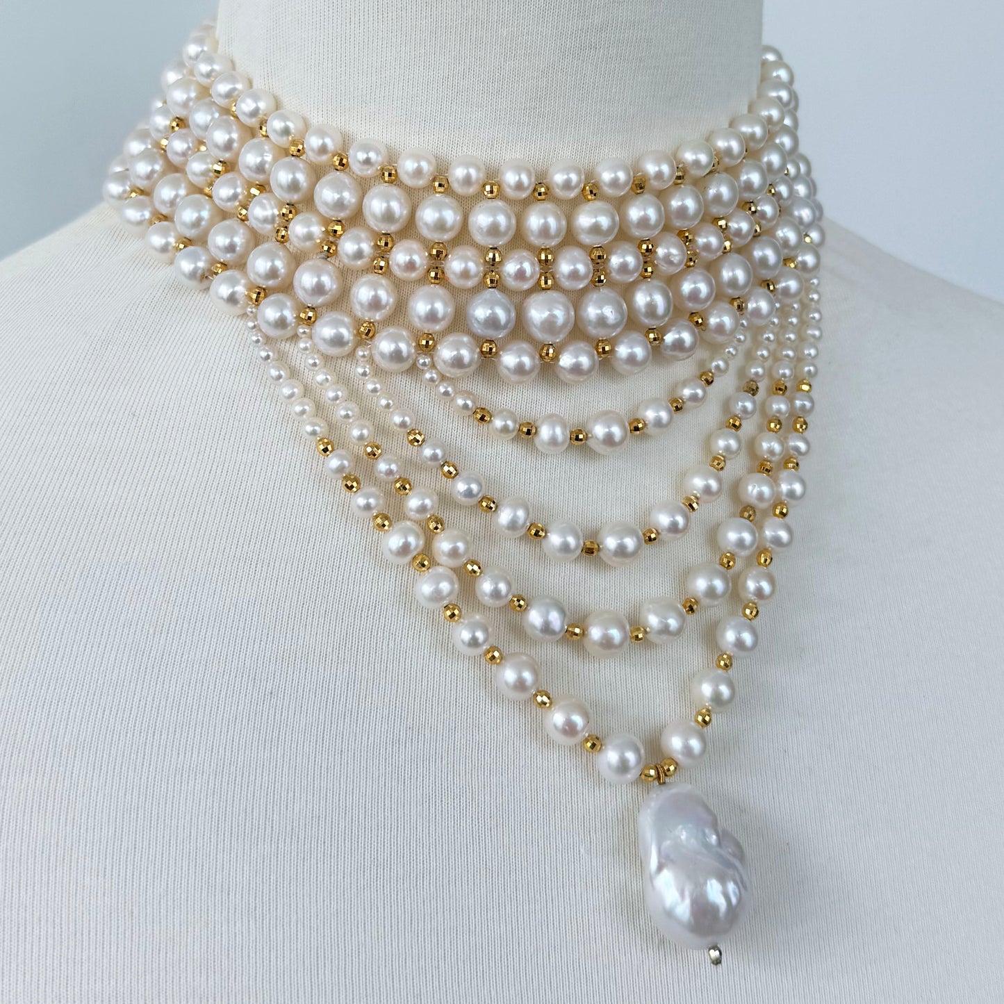 4 Tier Draped Pearl Choker with 18k Plated Yellow Gold
