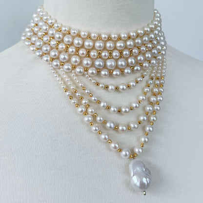 4 Tier Draped Pearl Choker with 18k Plated Yellow Gold