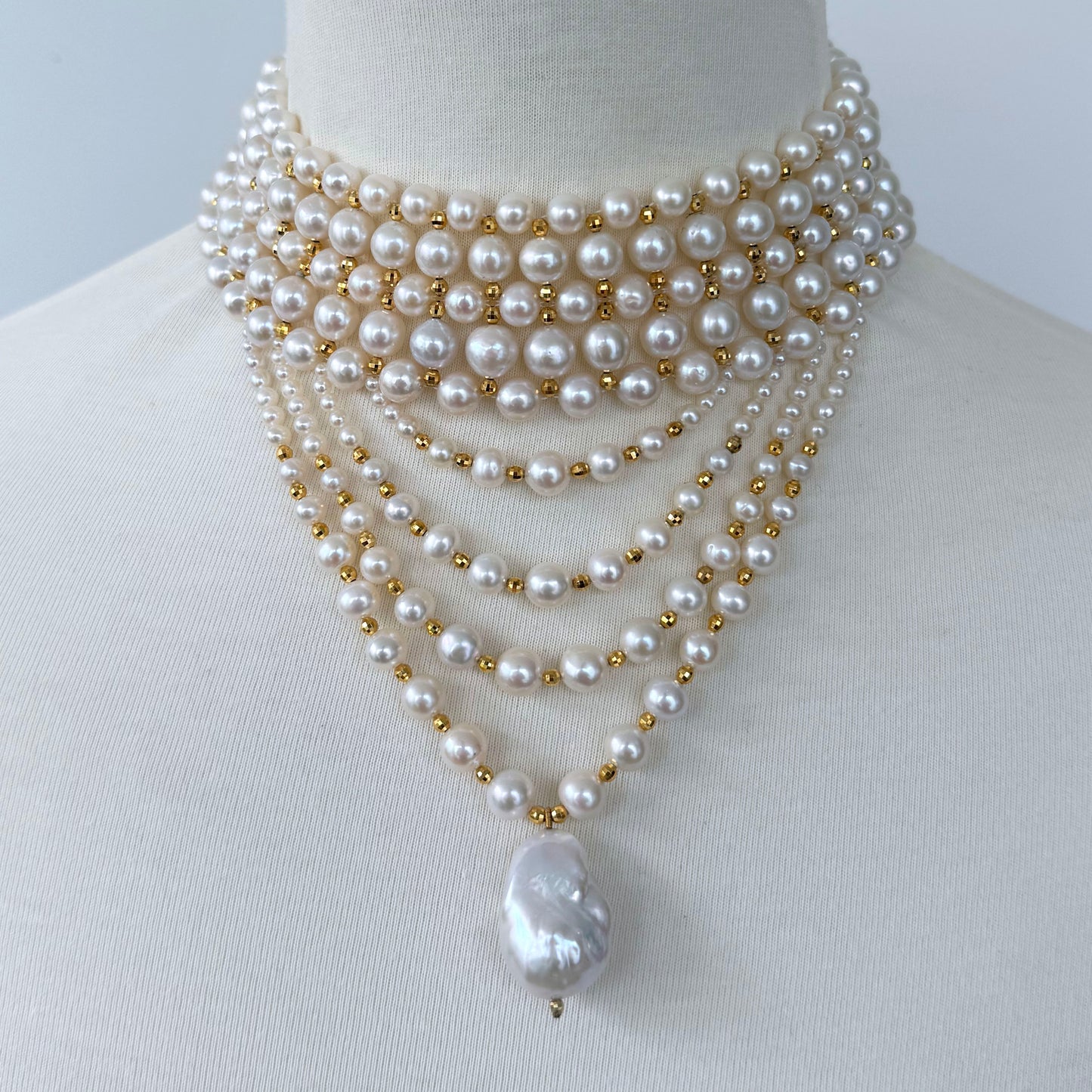 4 Tier Draped Pearl Choker with 18k Plated Yellow Gold