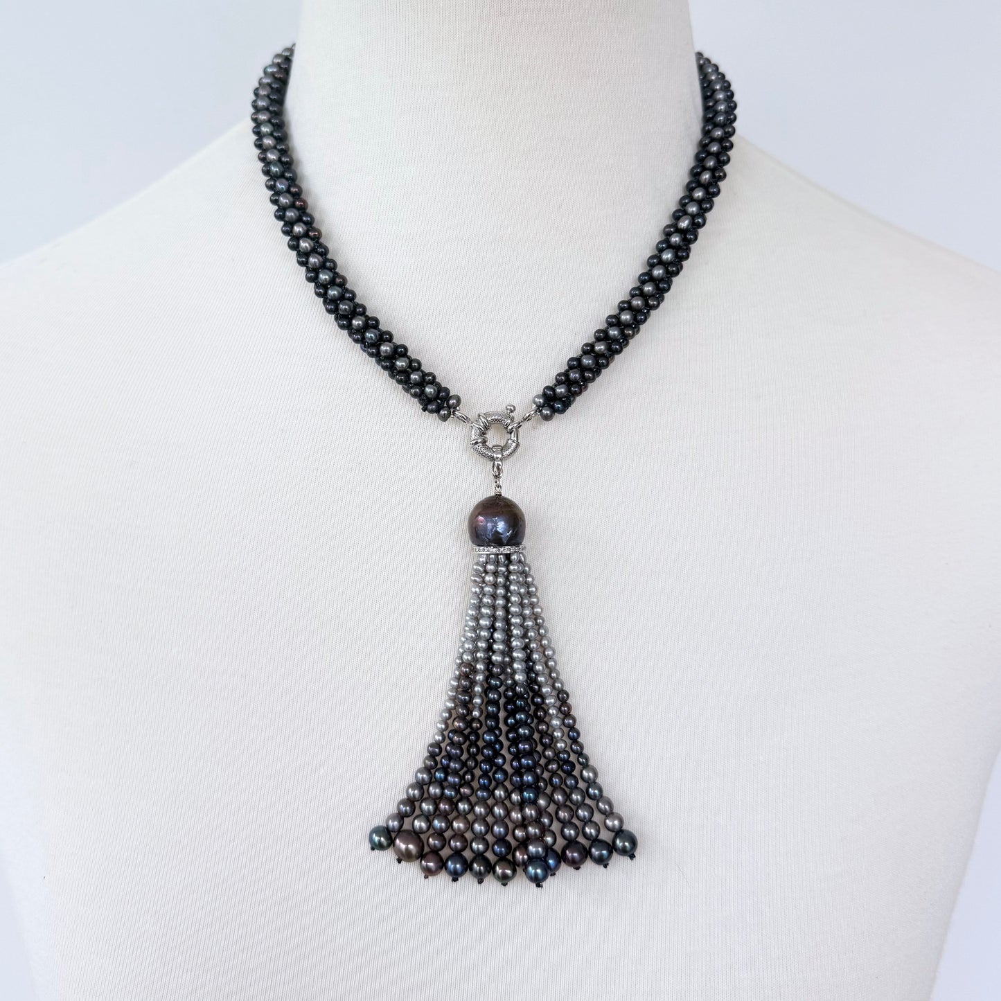 Black Pearl Rope Necklace with Removable Graduated Tassel