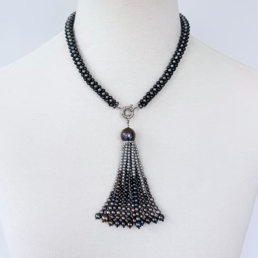 Black Pearl Rope Necklace with Removable Graduated Tassel