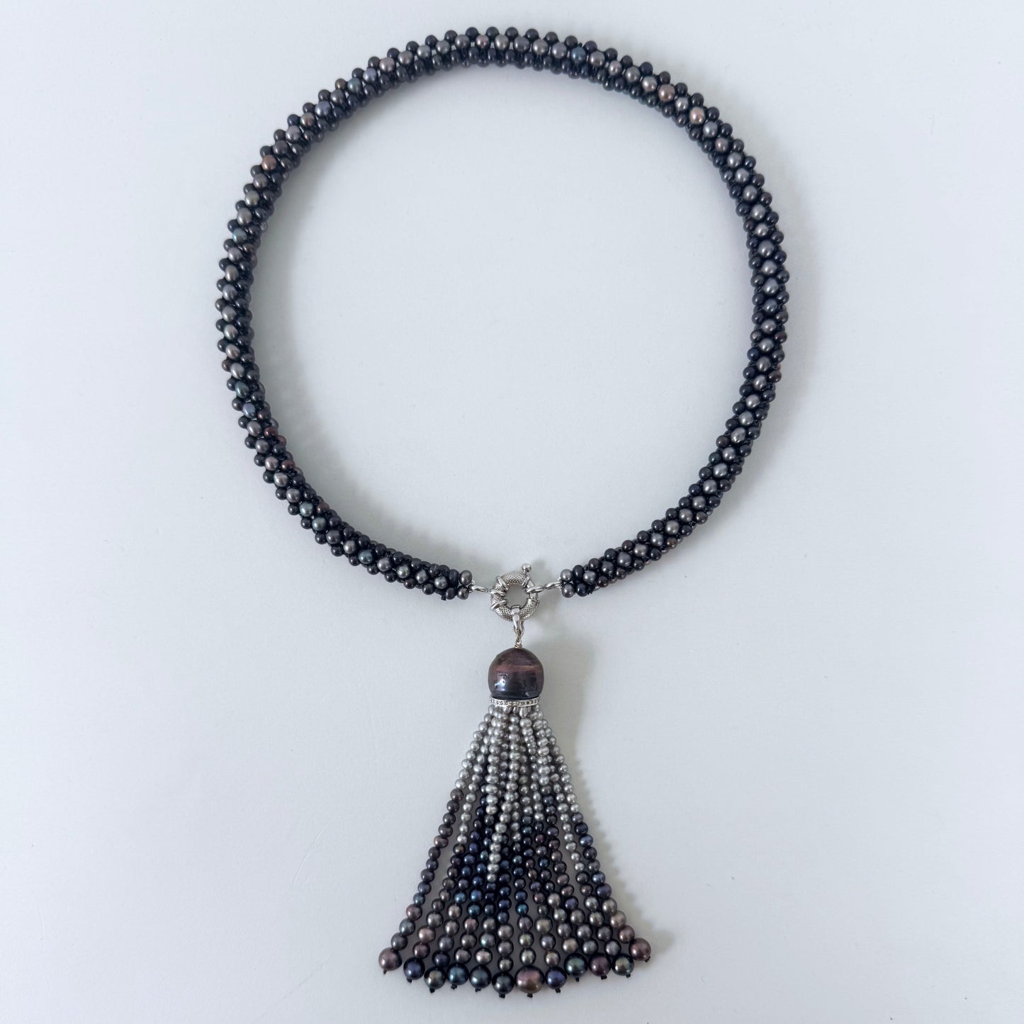 Black Pearl Rope Necklace with Removable Graduated Tassel