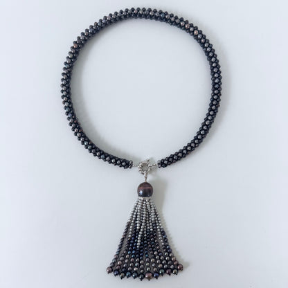 Black Pearl Rope Necklace with Removable Graduated Tassel