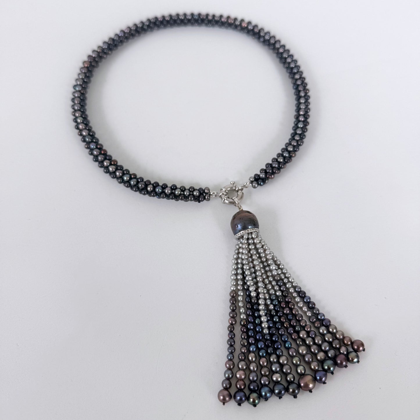 Black Pearl Rope Necklace with Removable Graduated Tassel