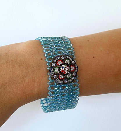 Woven Aquamarine Bracelet with Vintage Mosaic Centerpiece & Gold