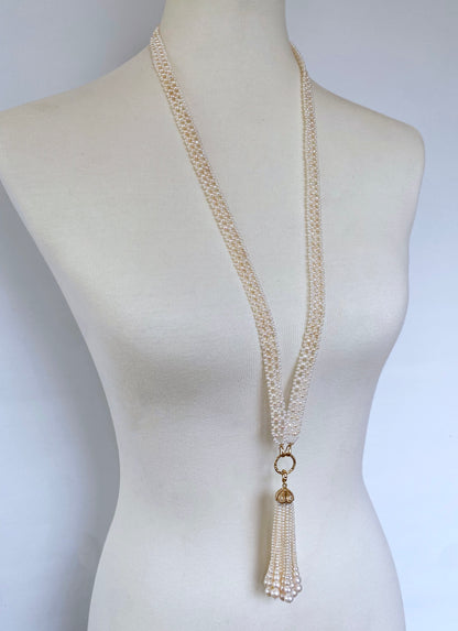 Lace Woven Pearl Sautoir with Diamond & Solid 14k Yellow Gold Tassel