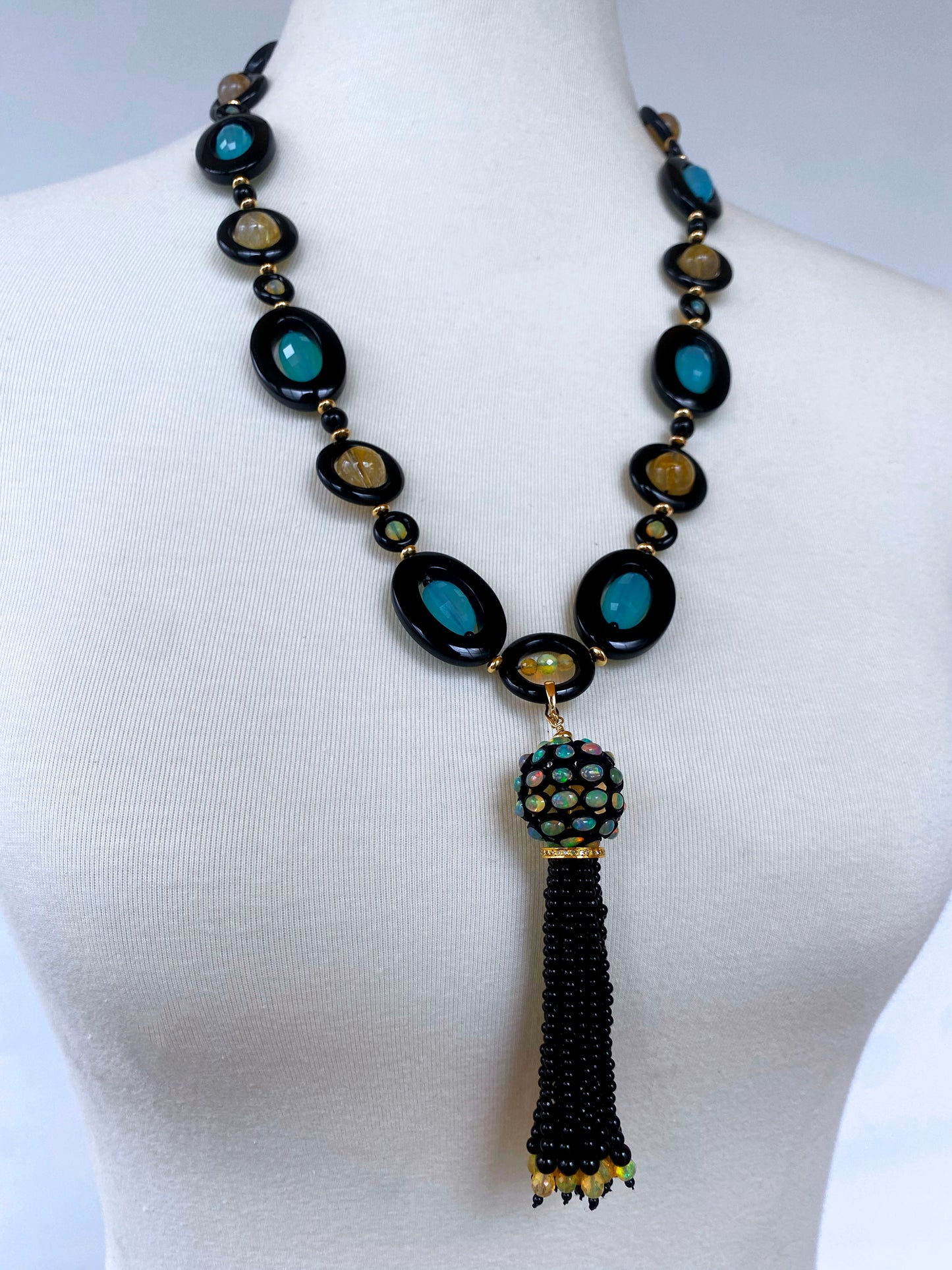 Black Onyx, Fire Opal, Rutilated Quartz & 14k Yellow Gold Necklace with Tassel