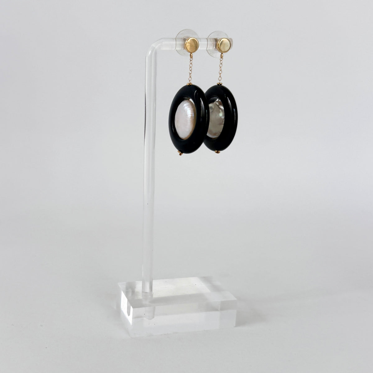 Onyx, Baroque Pearl & 14k Yellow Gold Dangle Earrings