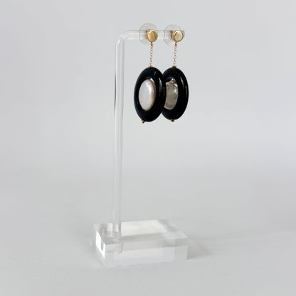 Onyx, Baroque Pearl & 14k Yellow Gold Dangle Earrings