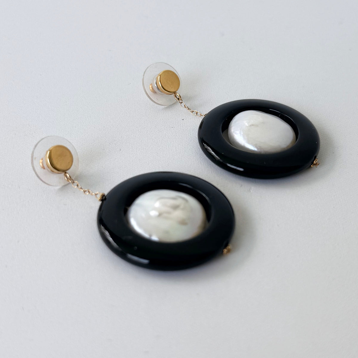 Onyx, Baroque Pearl & 14k Yellow Gold Dangle Earrings