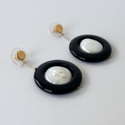 Onyx, Baroque Pearl & 14k Yellow Gold Dangle Earrings