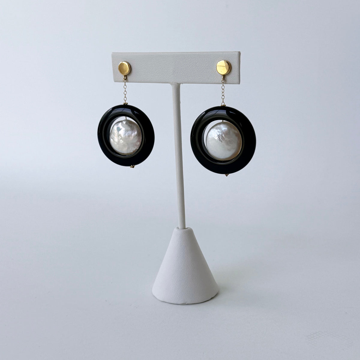 Onyx, Baroque Pearl & 14k Yellow Gold Dangle Earrings