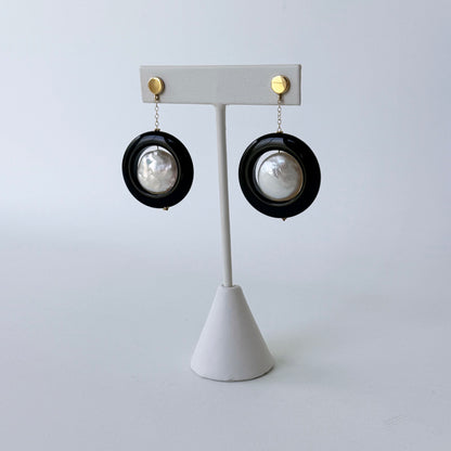 Onyx, Baroque Pearl & 14k Yellow Gold Dangle Earrings