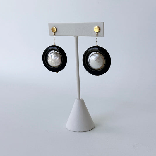 Onyx, Baroque Pearl & 14k Yellow Gold Dangle Earrings