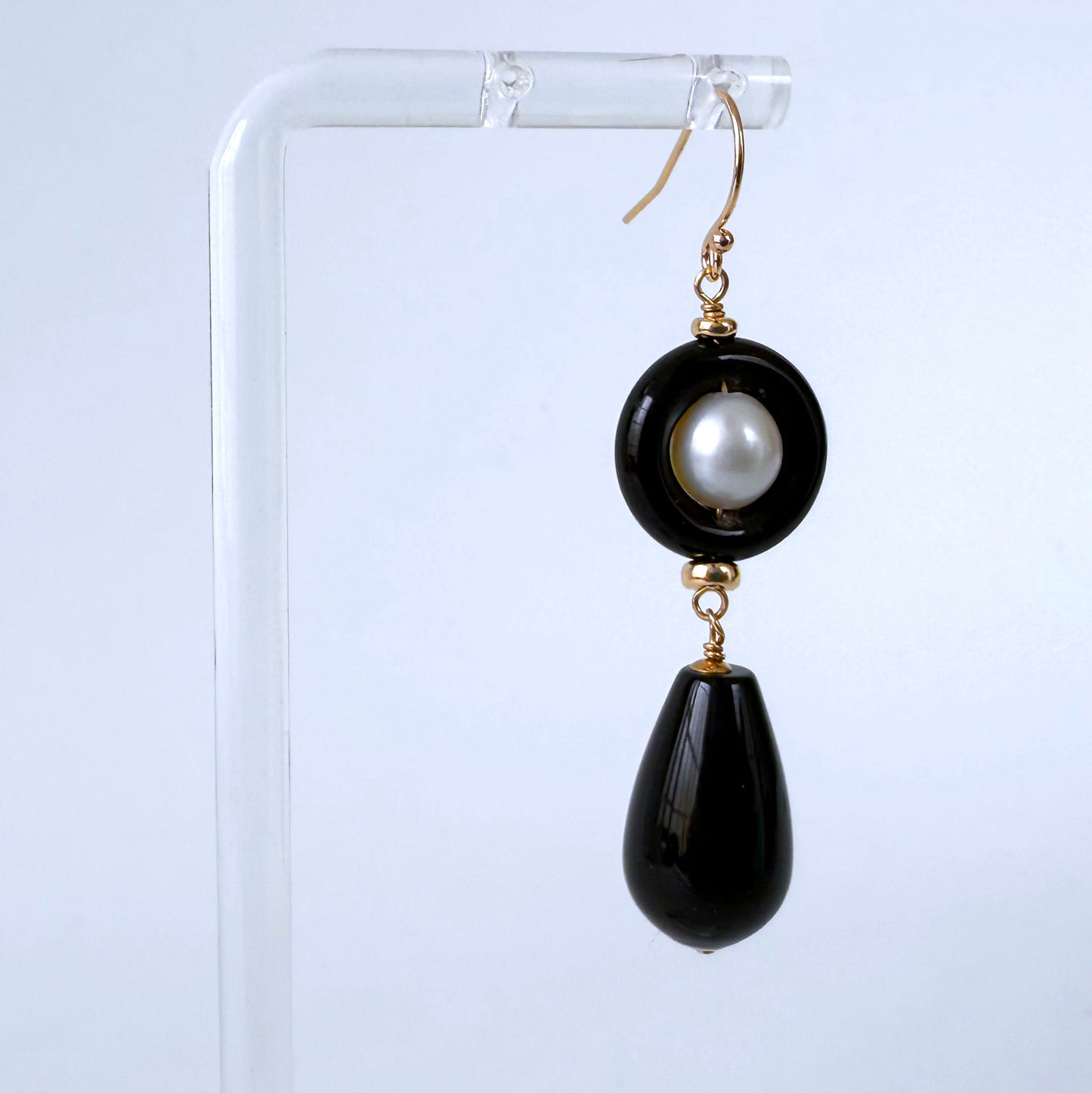 Black Onyx & Pearl & Solid 14k 'Art Deco' Dangle Earrings