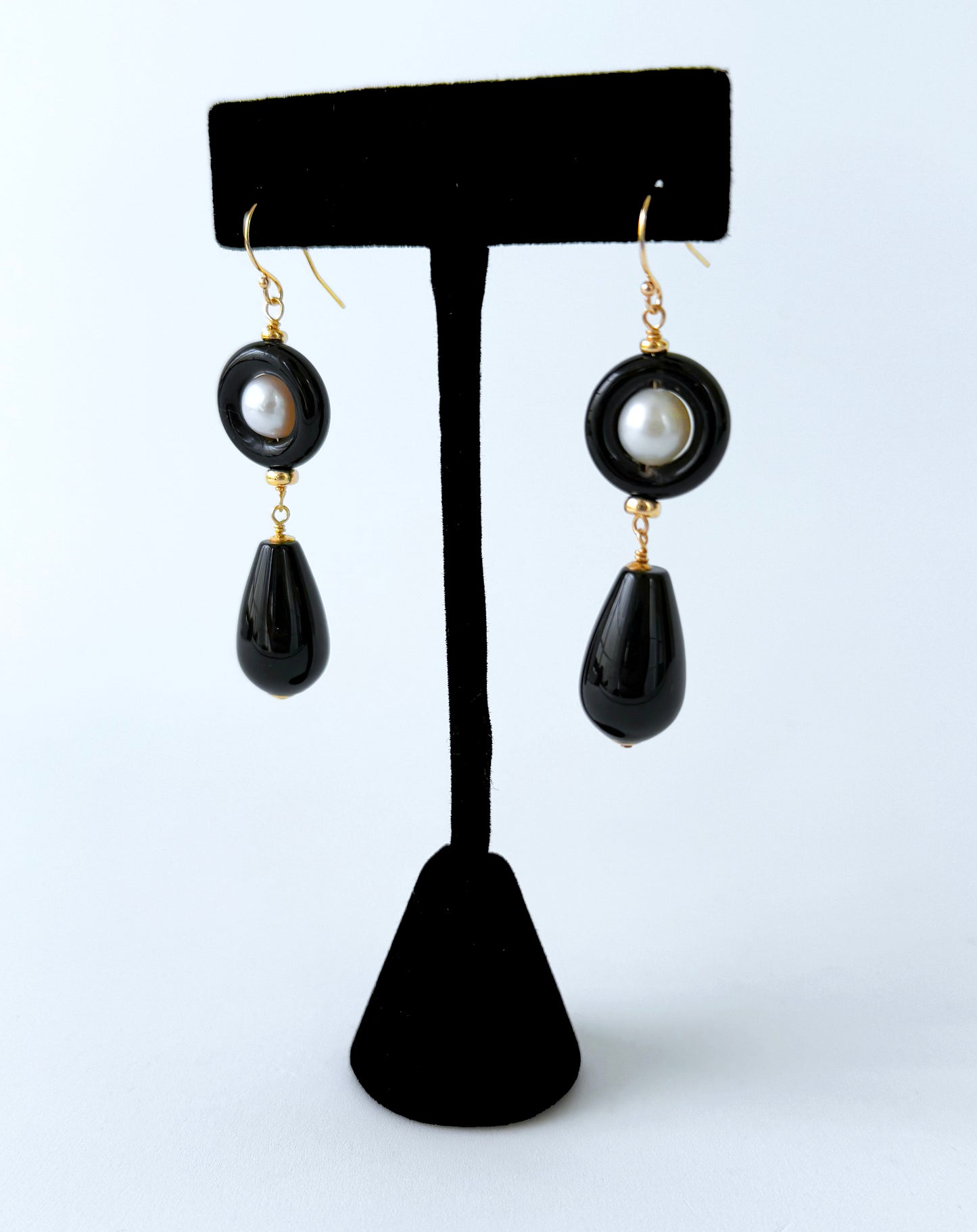 Black Onyx & Pearl & Solid 14k 'Art Deco' Dangle Earrings