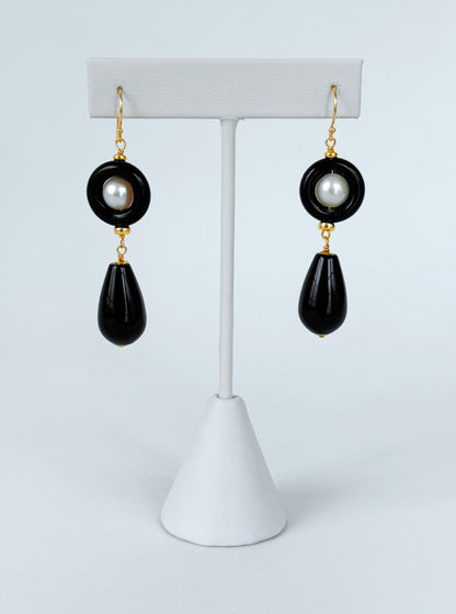 Black Onyx & Pearl & Solid 14k 'Art Deco' Dangle Earrings