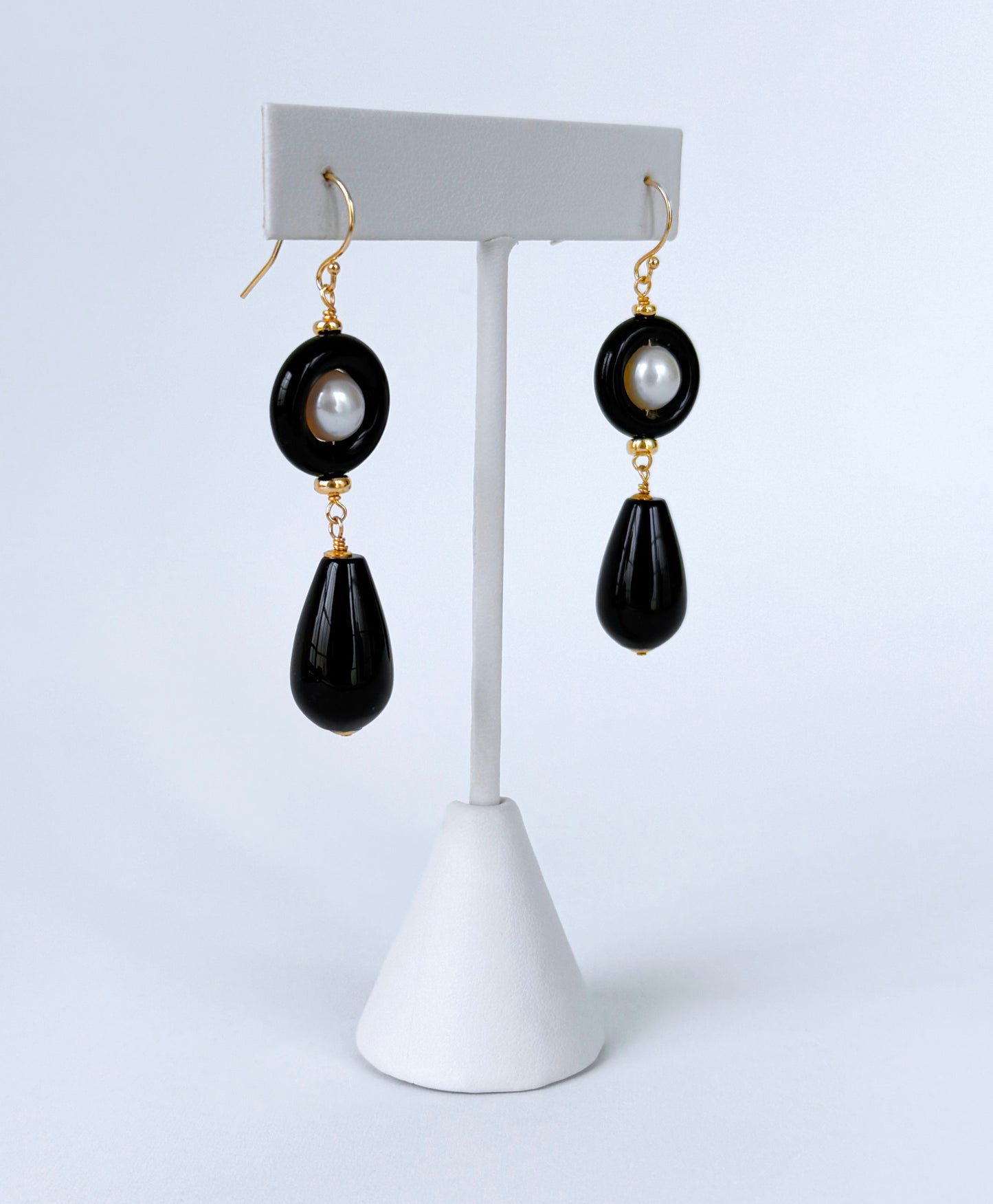 Black Onyx & Pearl & Solid 14k 'Art Deco' Dangle Earrings