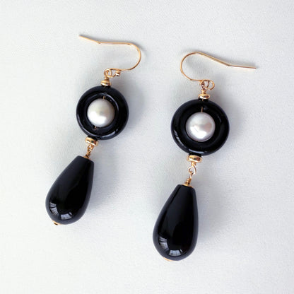 Black Onyx & Pearl & Solid 14k 'Art Deco' Dangle Earrings