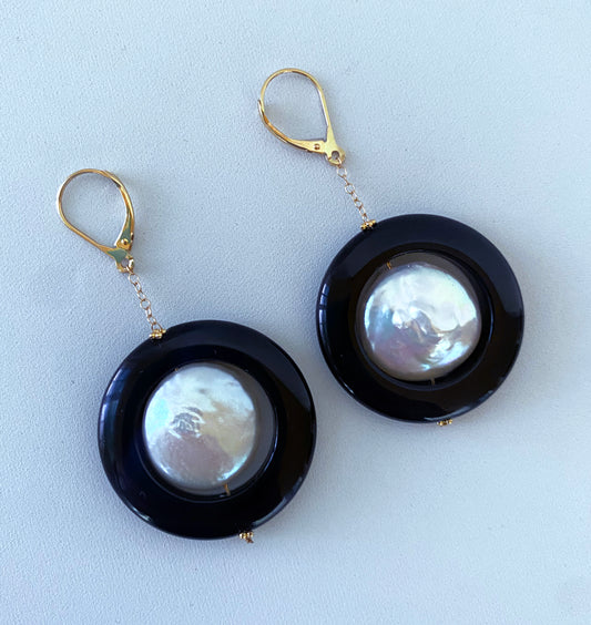 Baroque Pearl & Black Onyx Earrings with solid 14k Yellow Gold