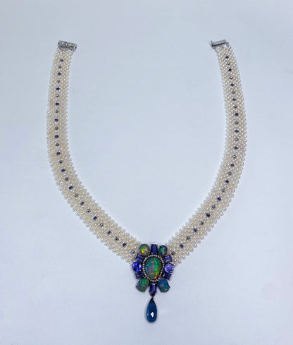 Pearl Lace Necklace with Fire Opal, Tanzanite & Diamond Centerpiece