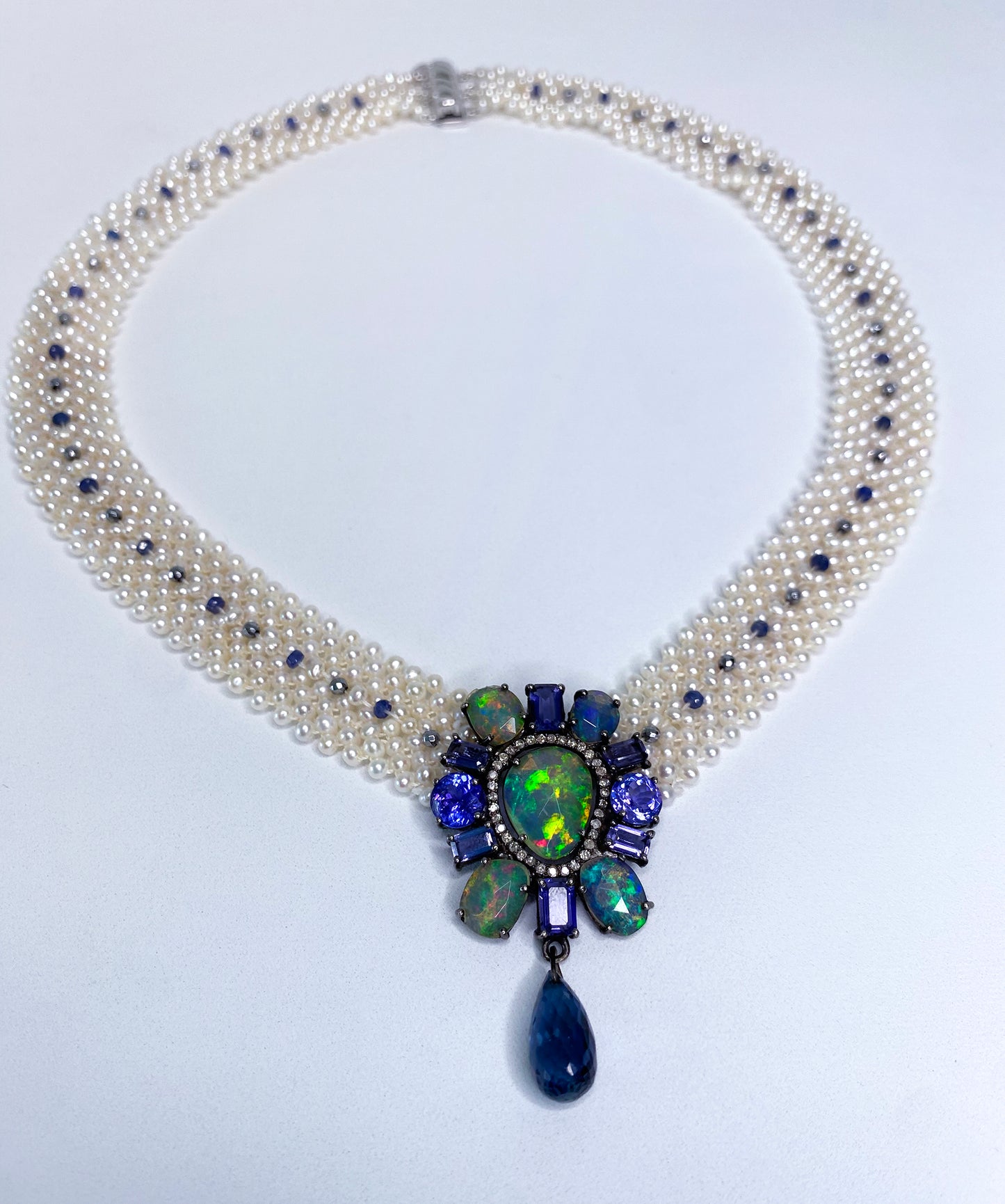 Pearl Lace Necklace with Fire Opal, Tanzanite & Diamond Centerpiece
