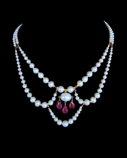 Draped Pearl Princess Necklace with Pink Sapphire & Solid 14k Yellow Gold