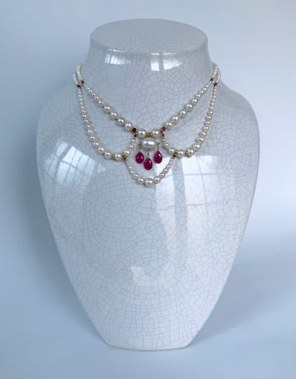 Draped Pearl Princess Necklace with Pink Sapphire & Solid 14k Yellow Gold