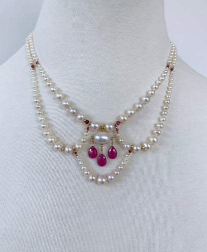 Draped Pearl Princess Necklace with Pink Sapphire & Solid 14k Yellow Gold