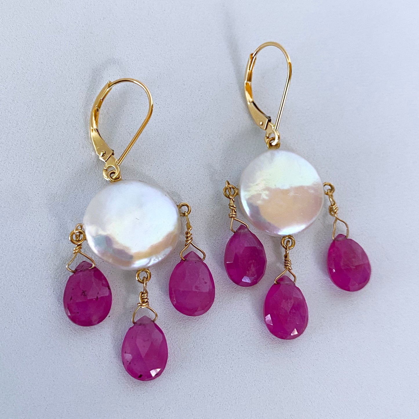 Ruby, Coin Pearl & Solid 14k Yellow Gold Chandelier Earrings