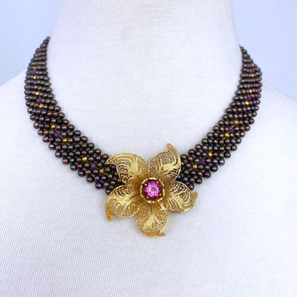 Black Pearl, Pink Tourmaline & Gold Floral Centerpiece Necklace