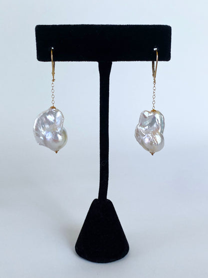 Baroque Pearl Dangle Earring with solid 14k Yellow Gold Lever Back Hook